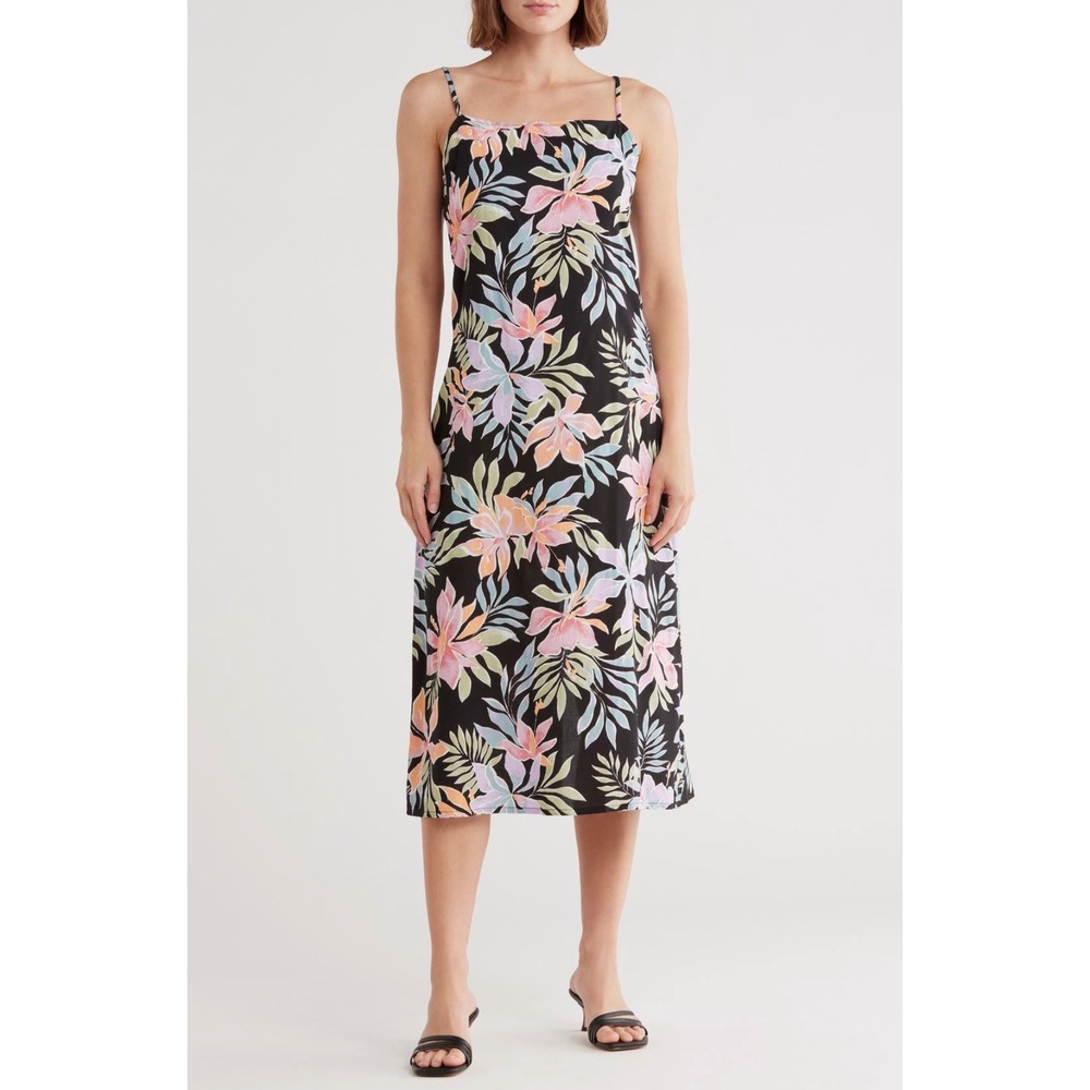 Billabong Golden Hour Maxi Dress Tropical Floral‎ Black Spaghetti Strap XL